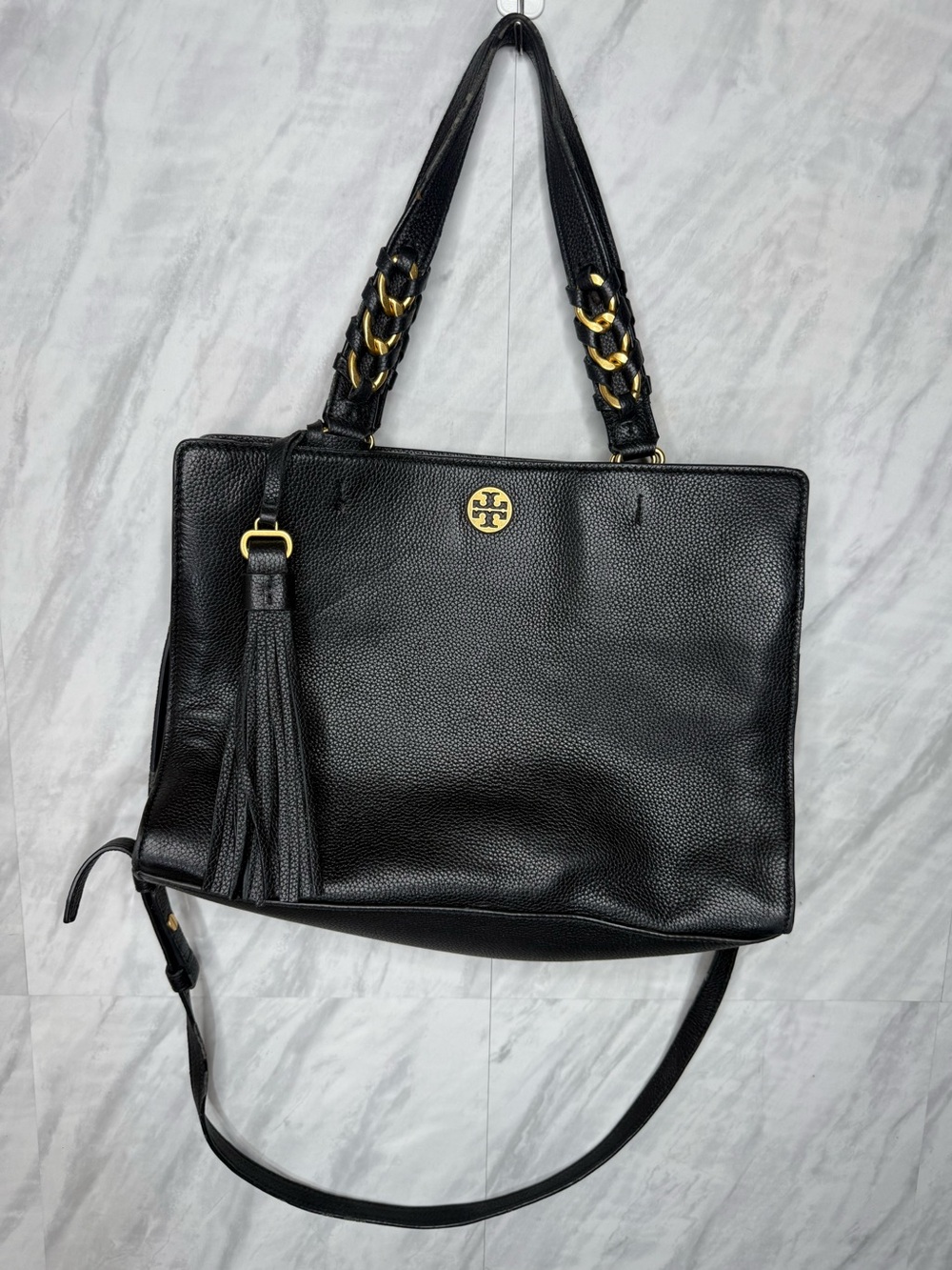 Tory Burch Black Leather Brooke Shoulder Tote with Gold Accents